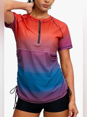 Halcurt Women's Half Zip Short Sleeve Rash Guard Swim Shirtw/TieDrawstringUPF50+